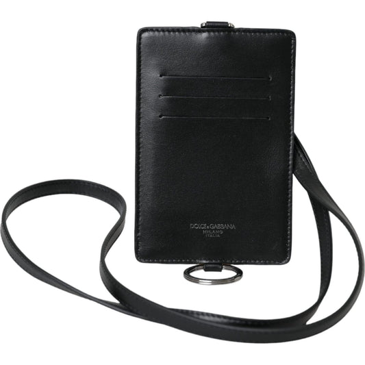 Black Calf Leather Lanyard Logo Card Holder Men Wallet