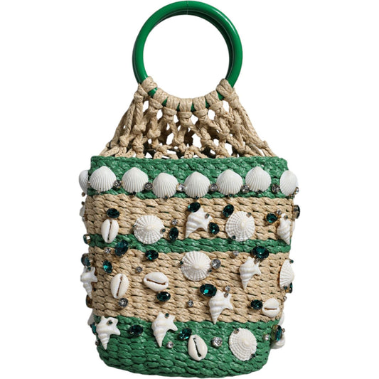 Dolce & Gabbana Beige Green Rafia Seashells Crystal Bucket Bag Dolce & Gabbana