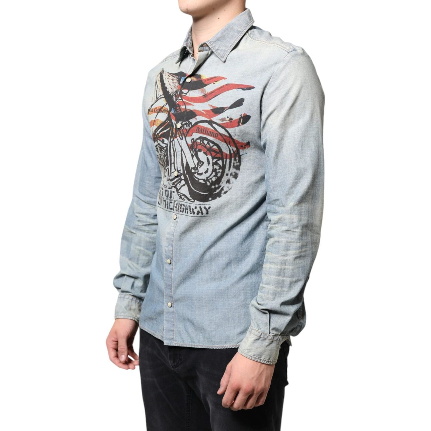 John Galliano Light Blue Printed Cotton Denim Long Sleeves Shirt John Galliano