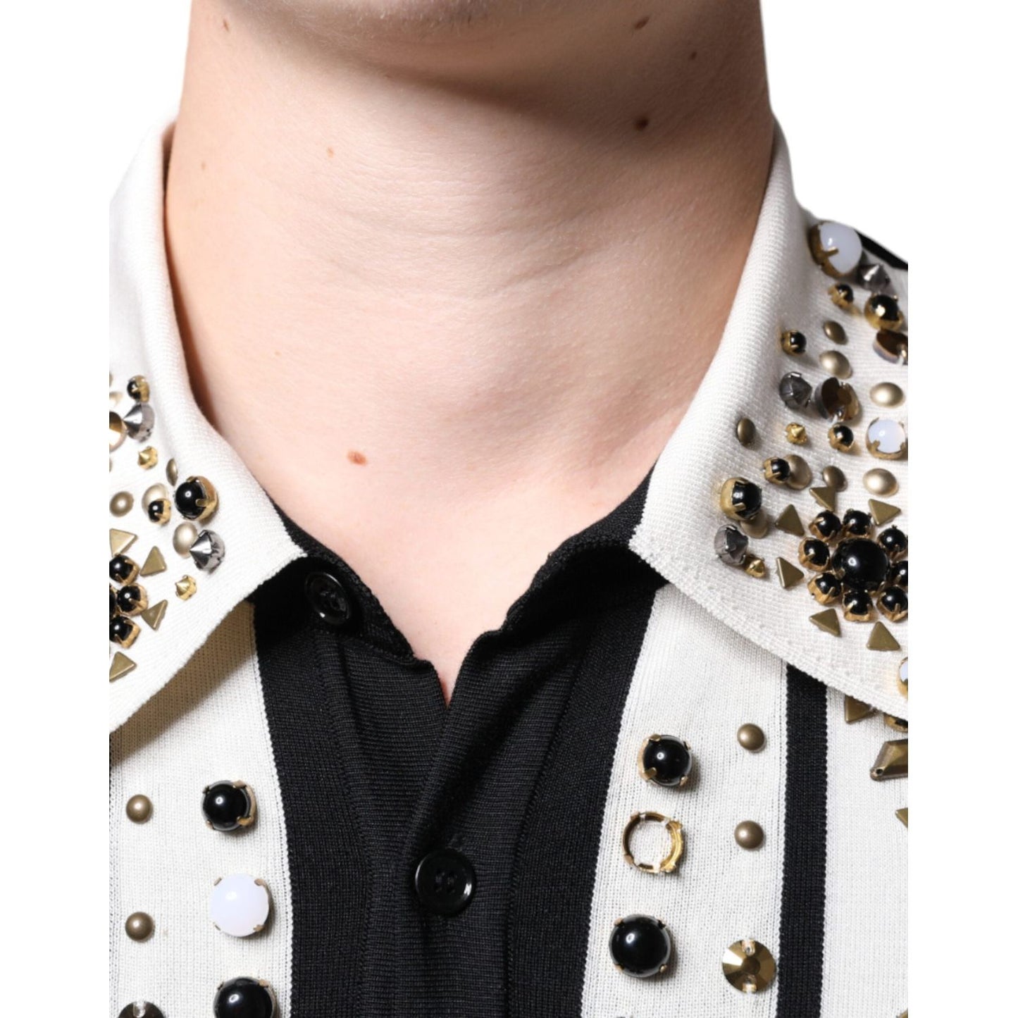 Dolce & Gabbana White Black Silk Studded Stone Crystal Shirt Dolce & Gabbana