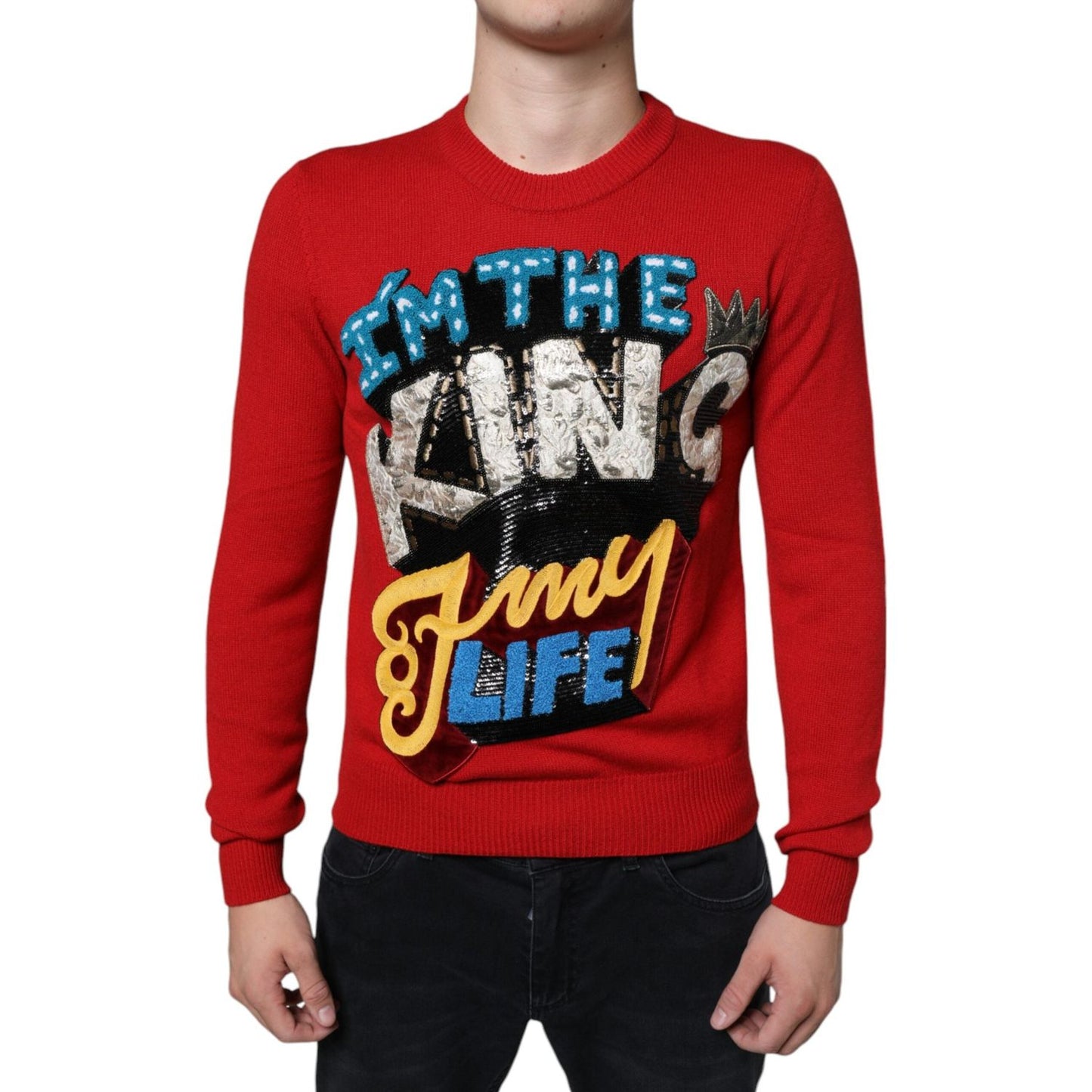 Dolce & Gabbana Red I'm The King Wool Crew Neck Sweatshirt Sweater Dolce & Gabbana