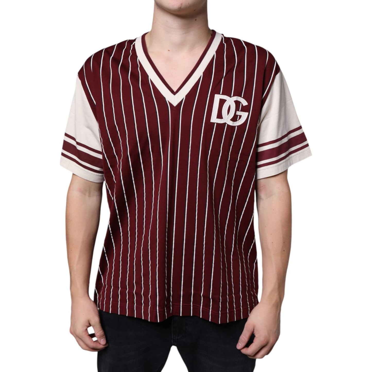 Dolce & Gabbana Maroon Stripes Cotton Logo V-neck T-shirt Dolce & Gabbana