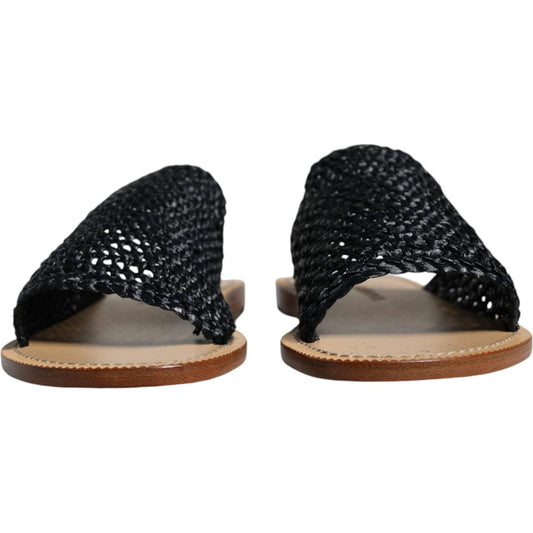 Dolce & Gabbana Black Monochrome Braided Raffia Slides Shoes Dolce & Gabbana