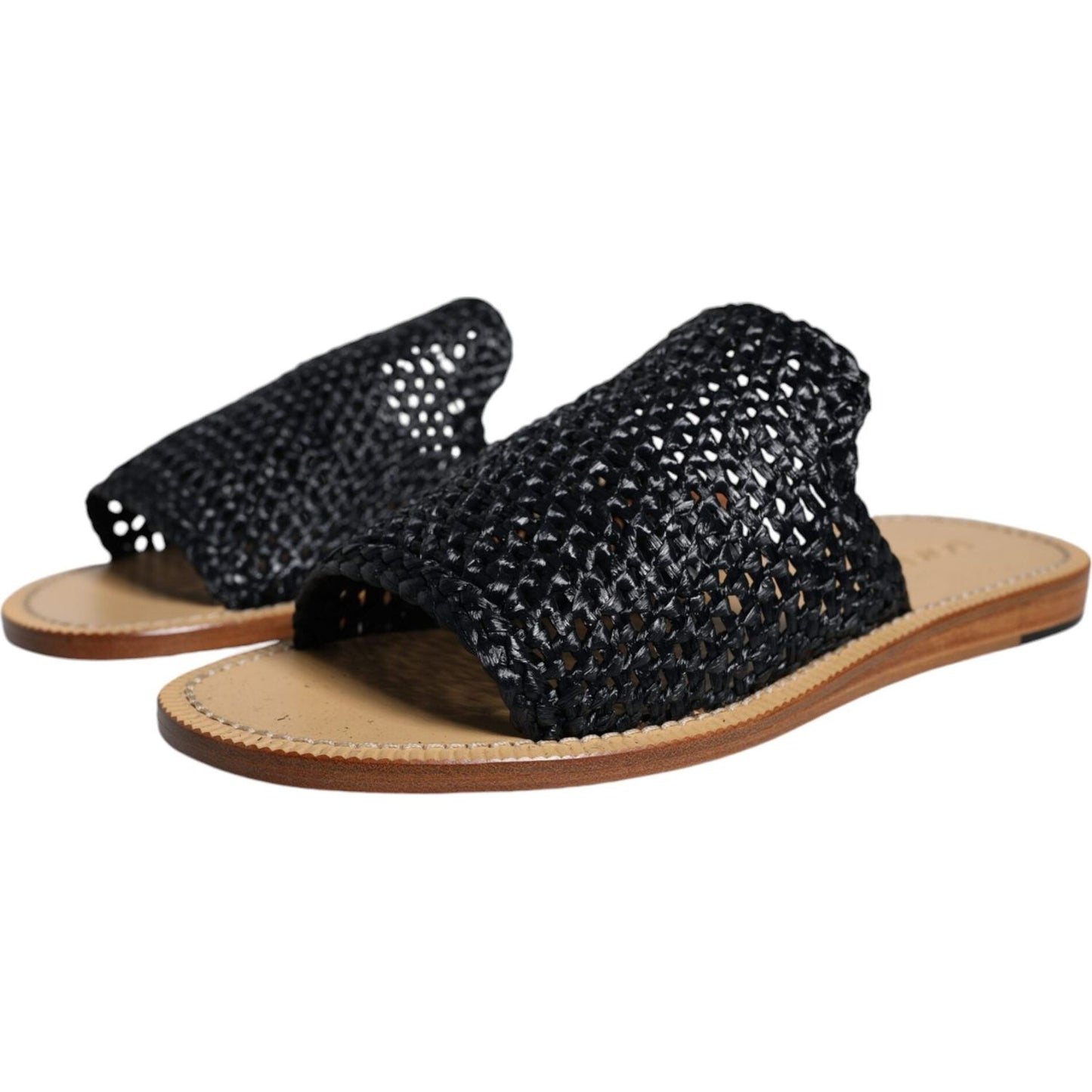 Dolce & Gabbana Black Monochrome Braided Raffia Slides Shoes Dolce & Gabbana