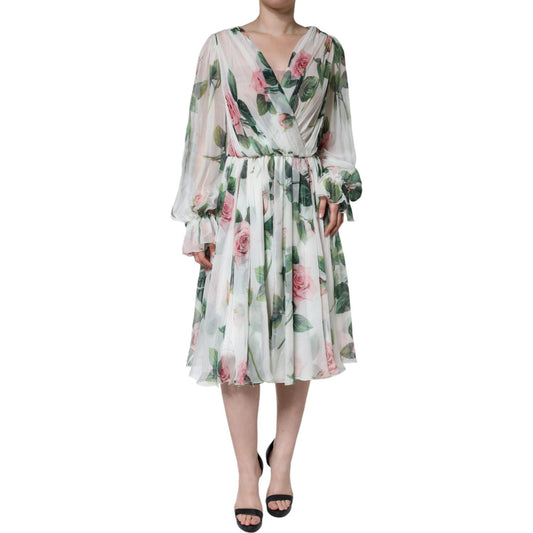 Dolce & Gabbana White Silk Floral Print A-line Midi Dress Dolce & Gabbana Gray