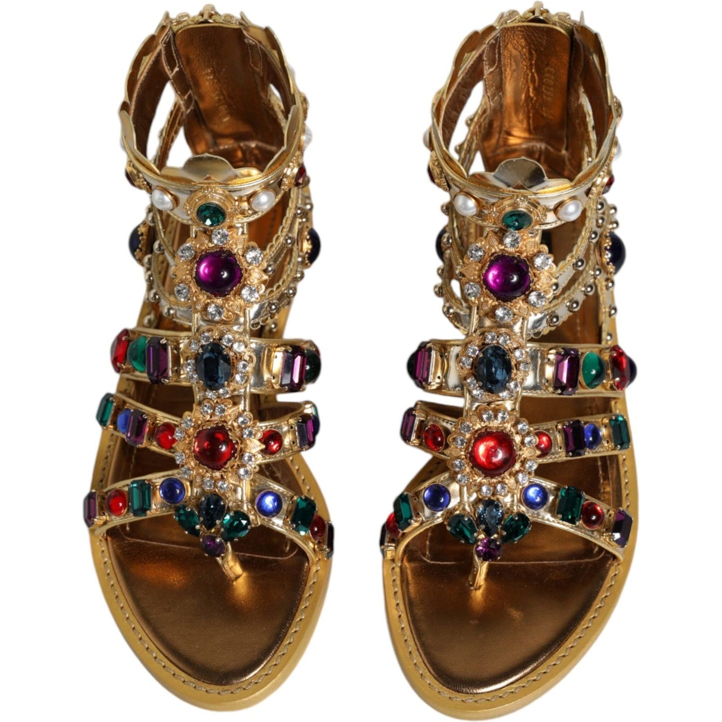 Dolce & Gabbana Gold Leather Crystal Gladiator Sandals Flats Shoes Dolce & Gabbana