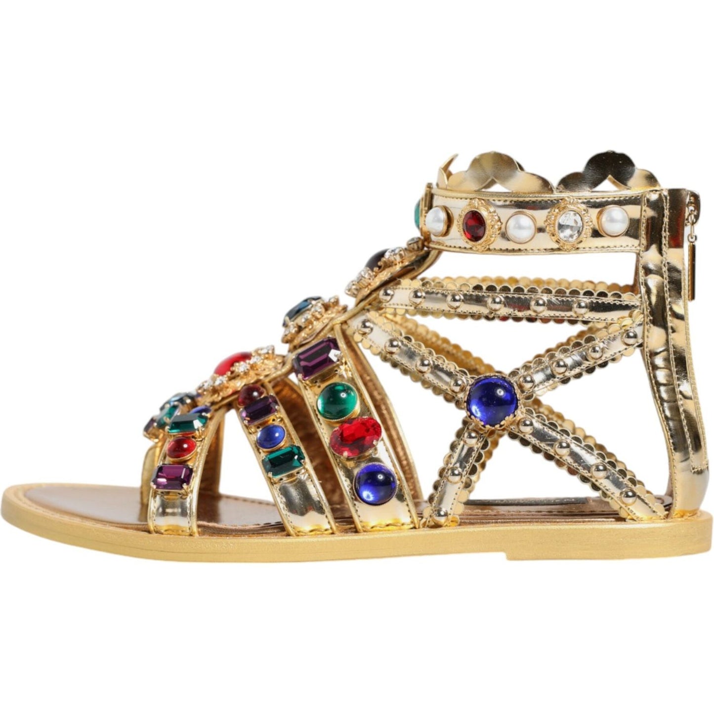 Dolce & Gabbana Gold Leather Crystal Gladiator Sandals Flats Shoes Dolce & Gabbana