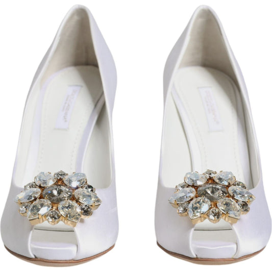 Dolce & Gabbana White Crystals Peep Toe Satin Pumps Shoes Dolce & Gabbana