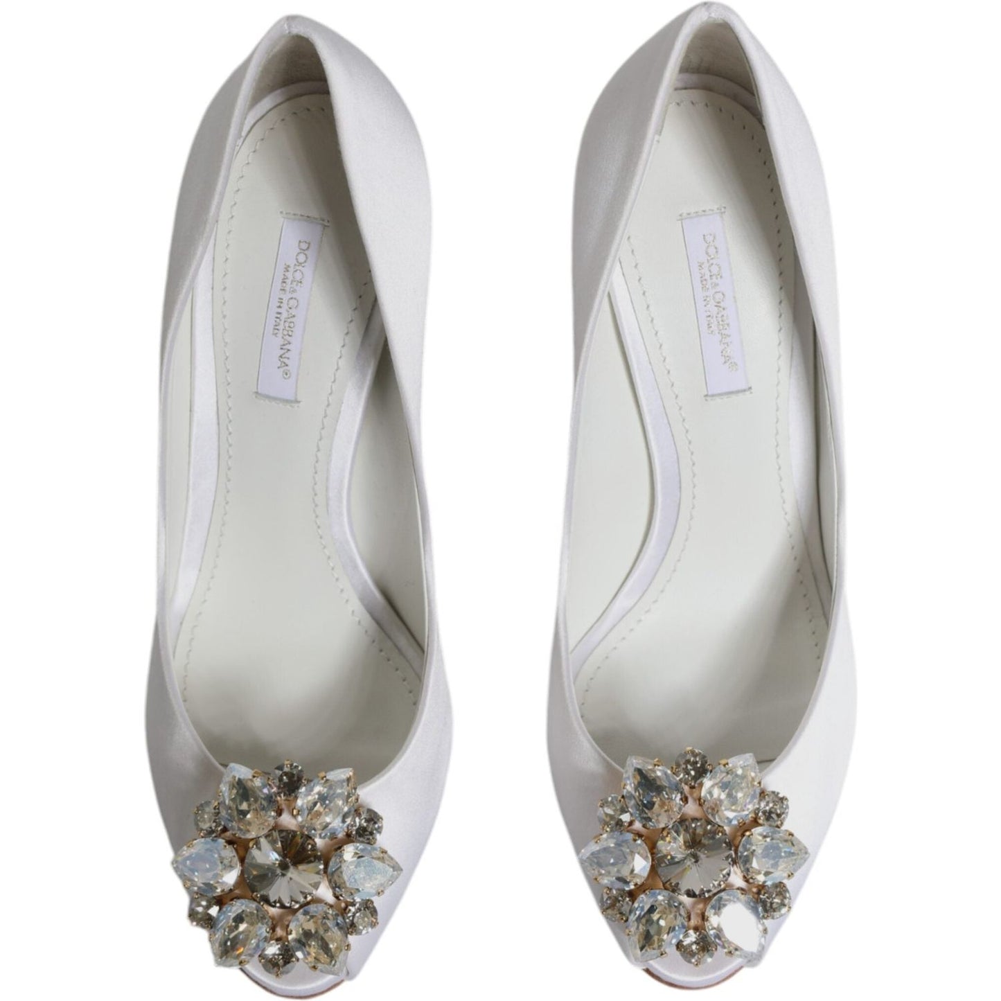 Dolce & Gabbana White Crystals Peep Toe Satin Pumps Shoes Dolce & Gabbana