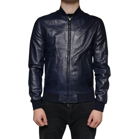 Dolce & Gabbana Blue Lambskin Leather Full Zip Biker Jacket Dolce & Gabbana Black