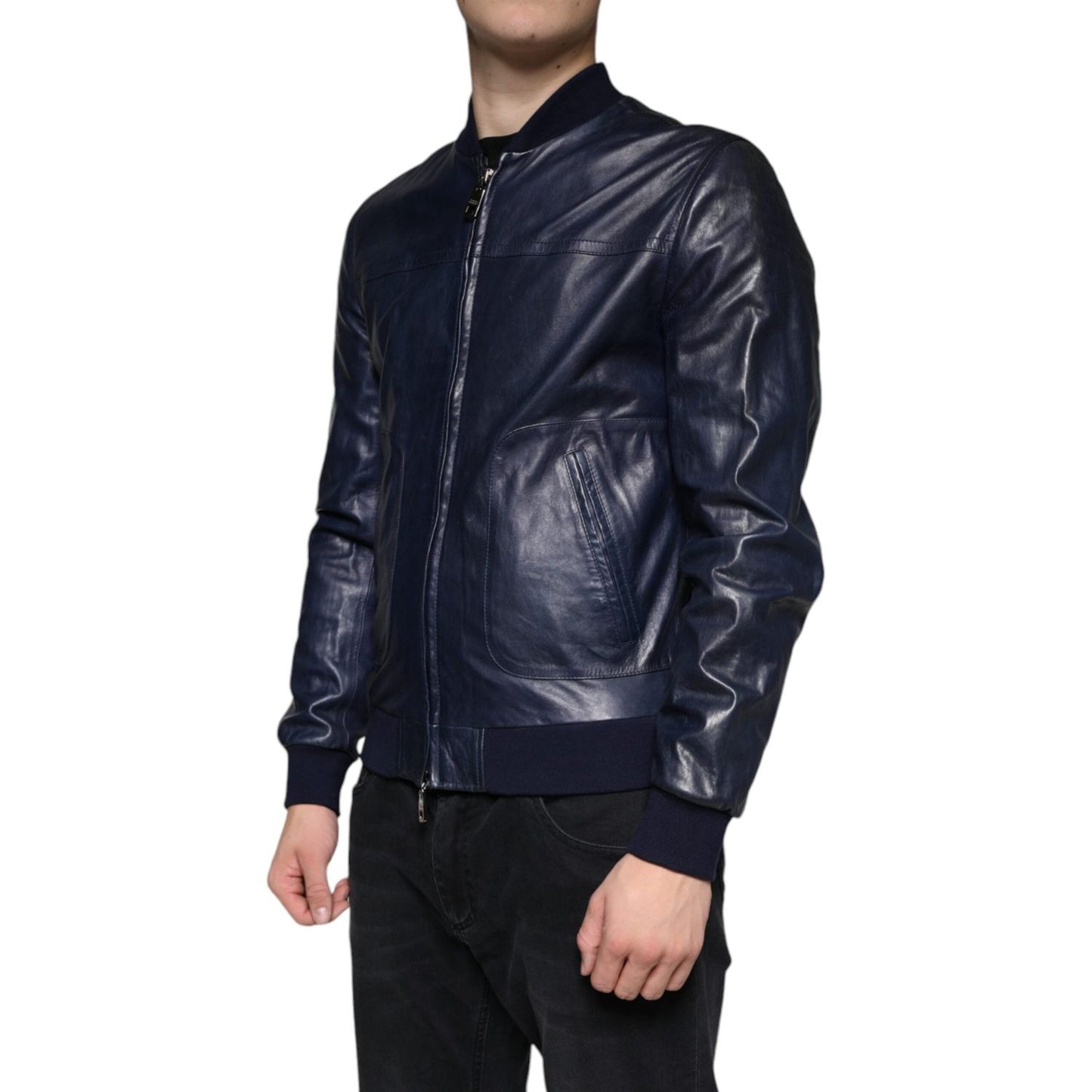 Dolce & Gabbana Blue Lambskin Leather Full Zip Biker Jacket Dolce & Gabbana