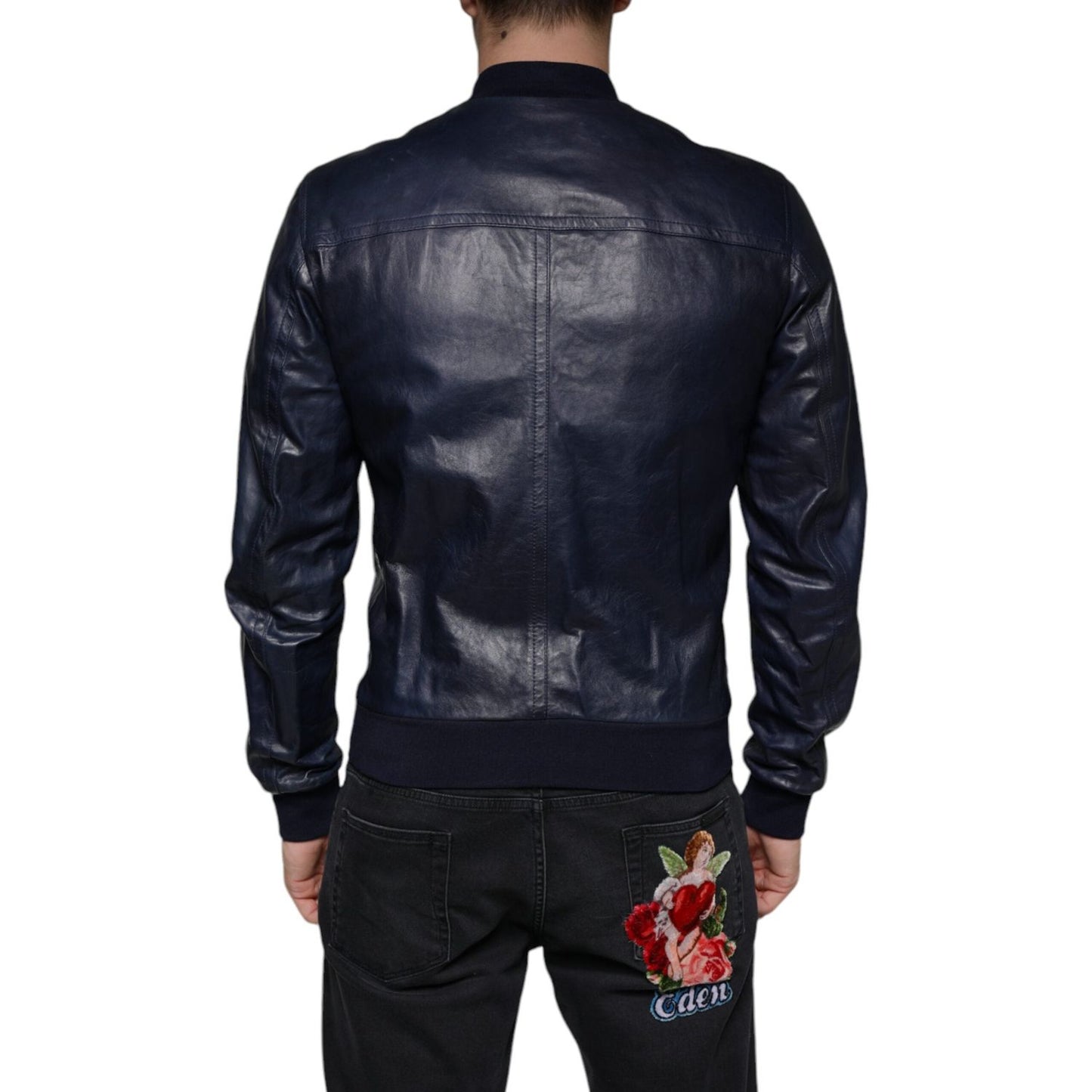 Dolce & Gabbana Blue Lambskin Leather Full Zip Biker Jacket Dolce & Gabbana