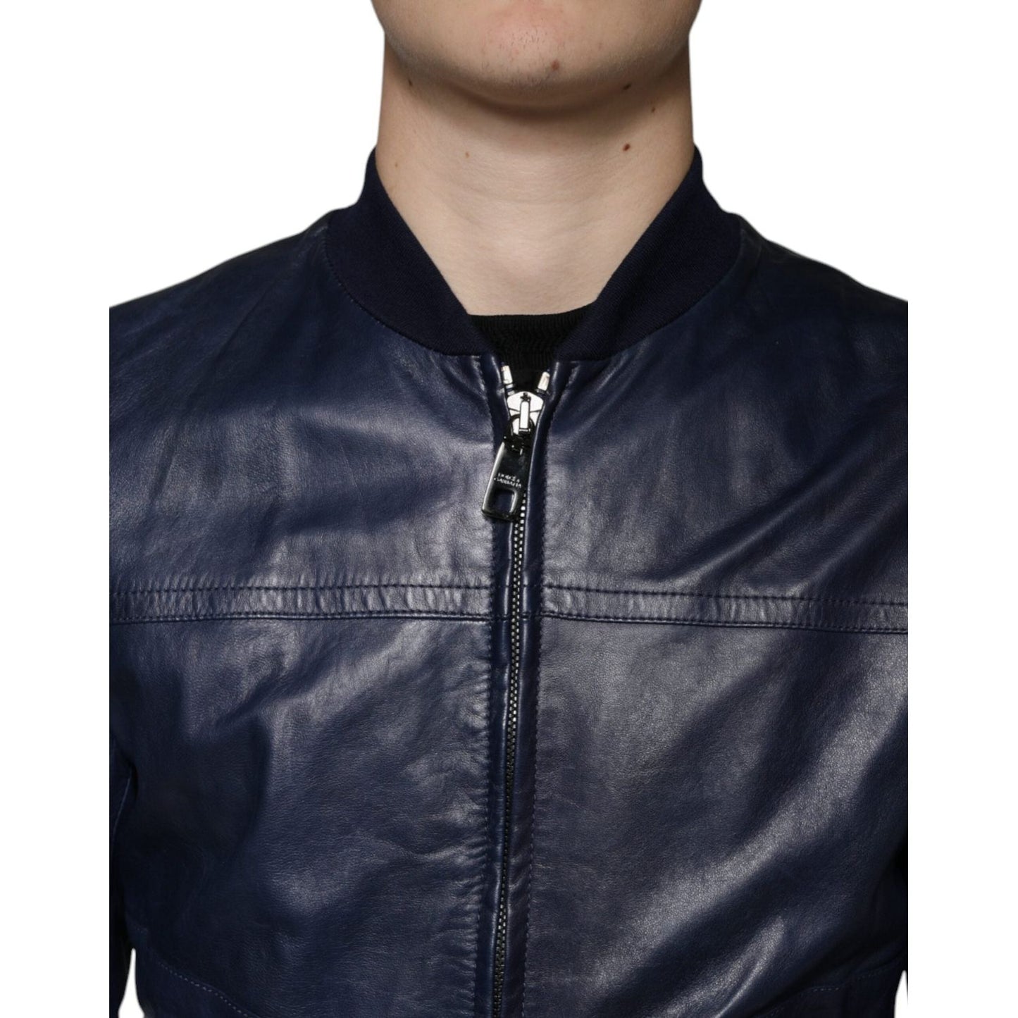 Dolce & Gabbana Blue Lambskin Leather Full Zip Biker Jacket Dolce & Gabbana