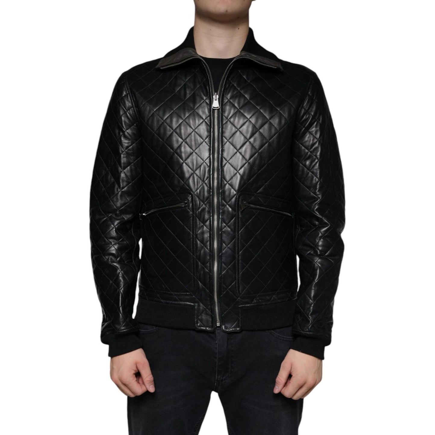 Dolce & Gabbana Black Calf Leather Quilted Full Zip Jacket Dolce & Gabbana