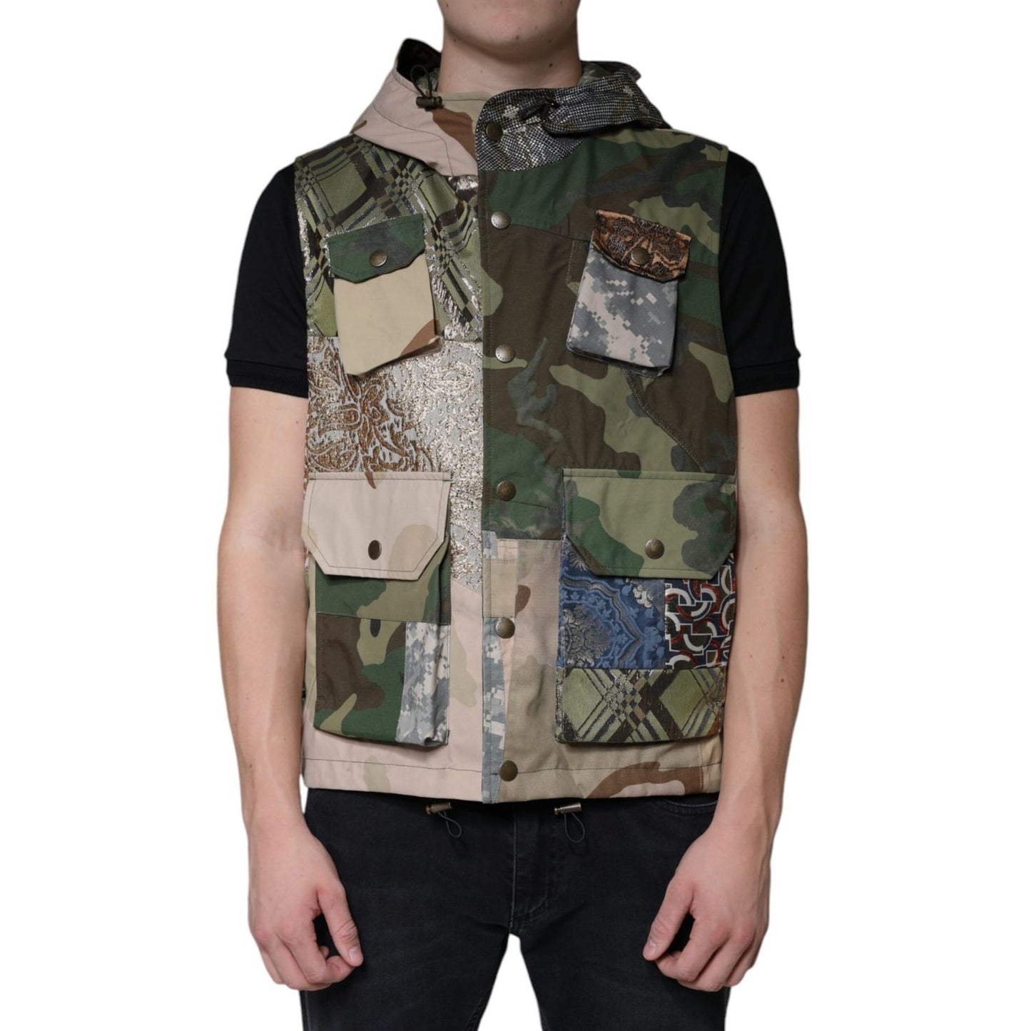 Dolce & Gabbana Multicolor Patchwork Hooded Vest Jacket 1728,67345645728,Clothing,Dolce & Gabbana,IT52 | XL,Jackets & Coats - Clothing,Jackets - Men - Clothing,Material: 80% Nylon 7% Cotton 5% Polyester 2% Mohair 2% Guanaco 2% Acetate 2% Silk,Men,Multicol