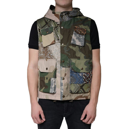 Dolce & Gabbana Multicolor Patchwork Hooded Vest Jacket 1728,67345645728,Clothing,Dolce & Gabbana,IT52 | XL,Jackets & Coats - Clothing,Jackets - Men - Clothing,Material: 80% Nylon 7% Cotton 5% Polyester 2% Mohair 2% Guanaco 2% Acetate 2% Silk,Men,Multicol