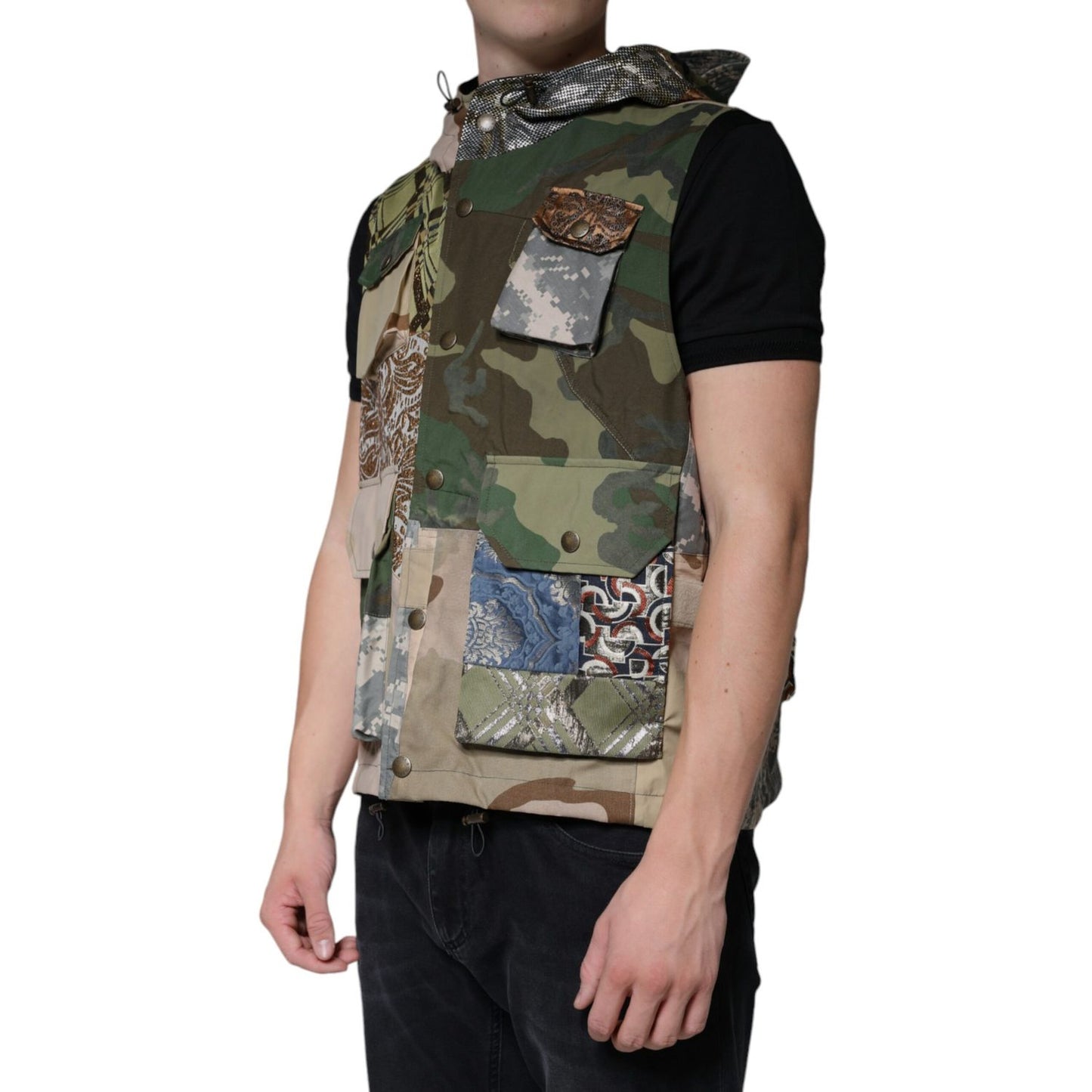 Dolce & Gabbana Multicolor Patchwork Hooded Vest Jacket 1728,67345645728,Clothing,Dolce & Gabbana,IT52 | XL,Jackets & Coats - Clothing,Jackets - Men - Clothing,Material: 80% Nylon 7% Cotton 5% Polyester 2% Mohair 2% Guanaco 2% Acetate 2% Silk,Men,Multicol