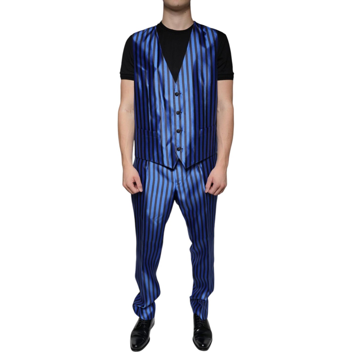 Dolce & Gabbana Metallic Blue Stripes Formal 3 Piece Suit Dolce & Gabbana