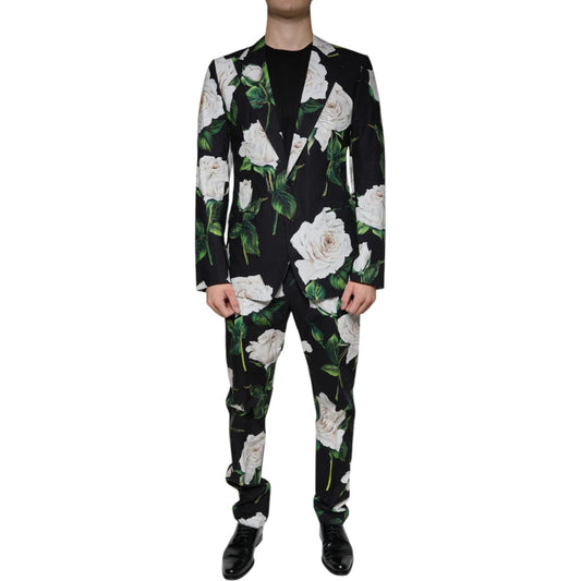 Dolce & Gabbana Black Rose Cotton Men Formal 2 Piece Suit Dolce & Gabbana