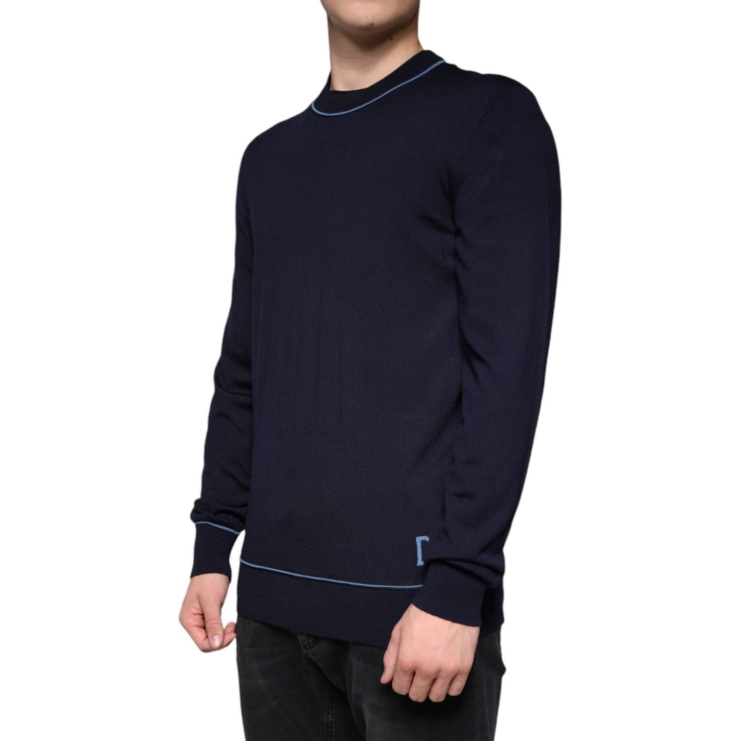 Dolce & Gabbana Dark Blue Wool Crew Neck Men Pullover Sweater Dolce & Gabbana