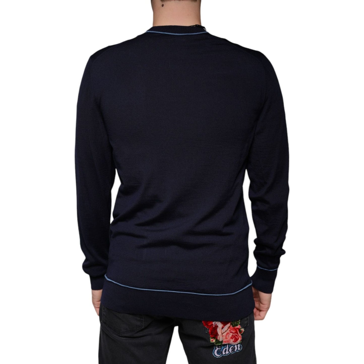 Dolce & Gabbana Dark Blue Wool Crew Neck Men Pullover Sweater Dolce & Gabbana