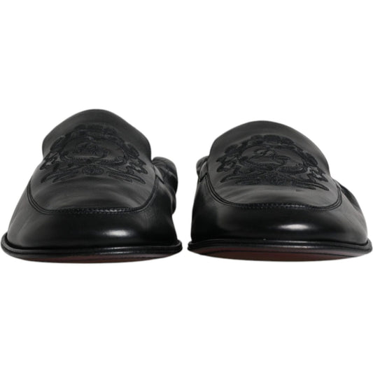 Dolce & Gabbana Black Logo Embroidered Leather Loafer Men Dress Shoes Dolce & Gabbana