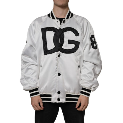 Dolce & Gabbana White Polyester Logo Full Zip Bomber Jacket 1728,67345645728,Black and White,Bombers - Jackets & Coats - Clothing,Clothing,Dolce & Gabbana,IT50 | L,IT52 | XL,IT54 | XL,Jackets & Coats - Clothing,Jackets - Men - Clothing,Material: 100% Poly