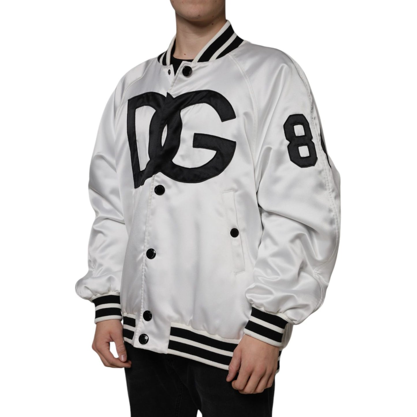 Dolce & Gabbana White Polyester Logo Full Zip Bomber Jacket 1728,67345645728,Black and White,Bombers - Jackets & Coats - Clothing,Clothing,Dolce & Gabbana,IT50 | L,IT52 | XL,IT54 | XL,Jackets & Coats - Clothing,Jackets - Men - Clothing,Material: 100% Poly