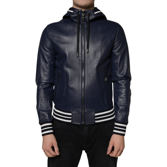 Dolce & Gabbana Blue Leather Full Zip Hooded Bomber Jacket Dolce & Gabbana