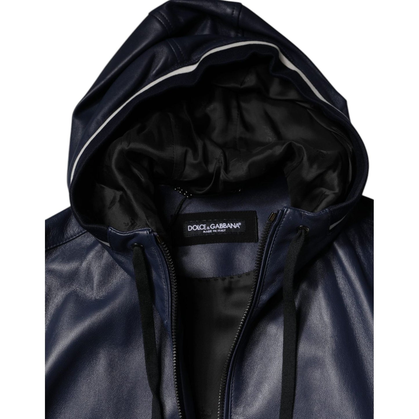 Dolce & Gabbana Blue Leather Full Zip Hooded Bomber Jacket Dolce & Gabbana