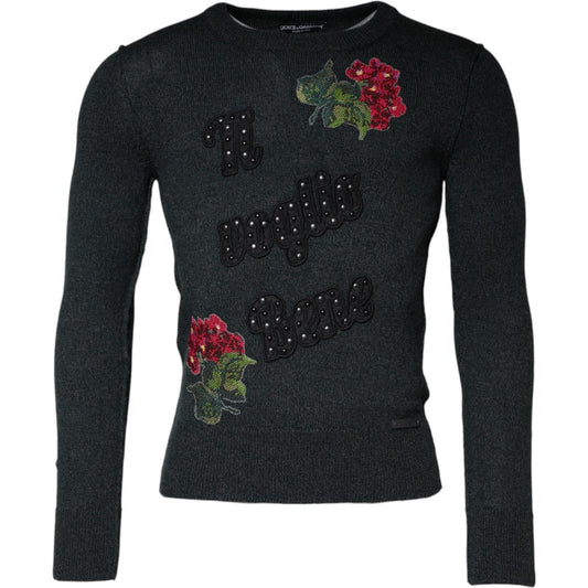 Dolce & Gabbana Gray Embellished Crew Neck Pullover Sweater Dolce & Gabbana Black