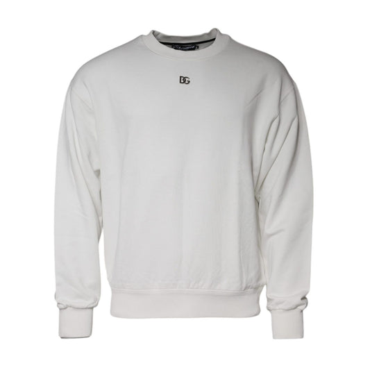 Dolce & Gabbana White Logo Cotton Crew Neck Pullover Sweater