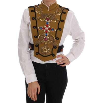 Dolce & Gabbana Yellow Crystal Cross Vest Jacket 1728,2% Elastane,67345645728,Clothing,Dolce & Gabbana,IT40|S,Jackets & Coats - Clothing,Jackets & Coats - Women - Clothing,Material: 98% Cotton,New with tags,Women,Women - Clothing,Yellow