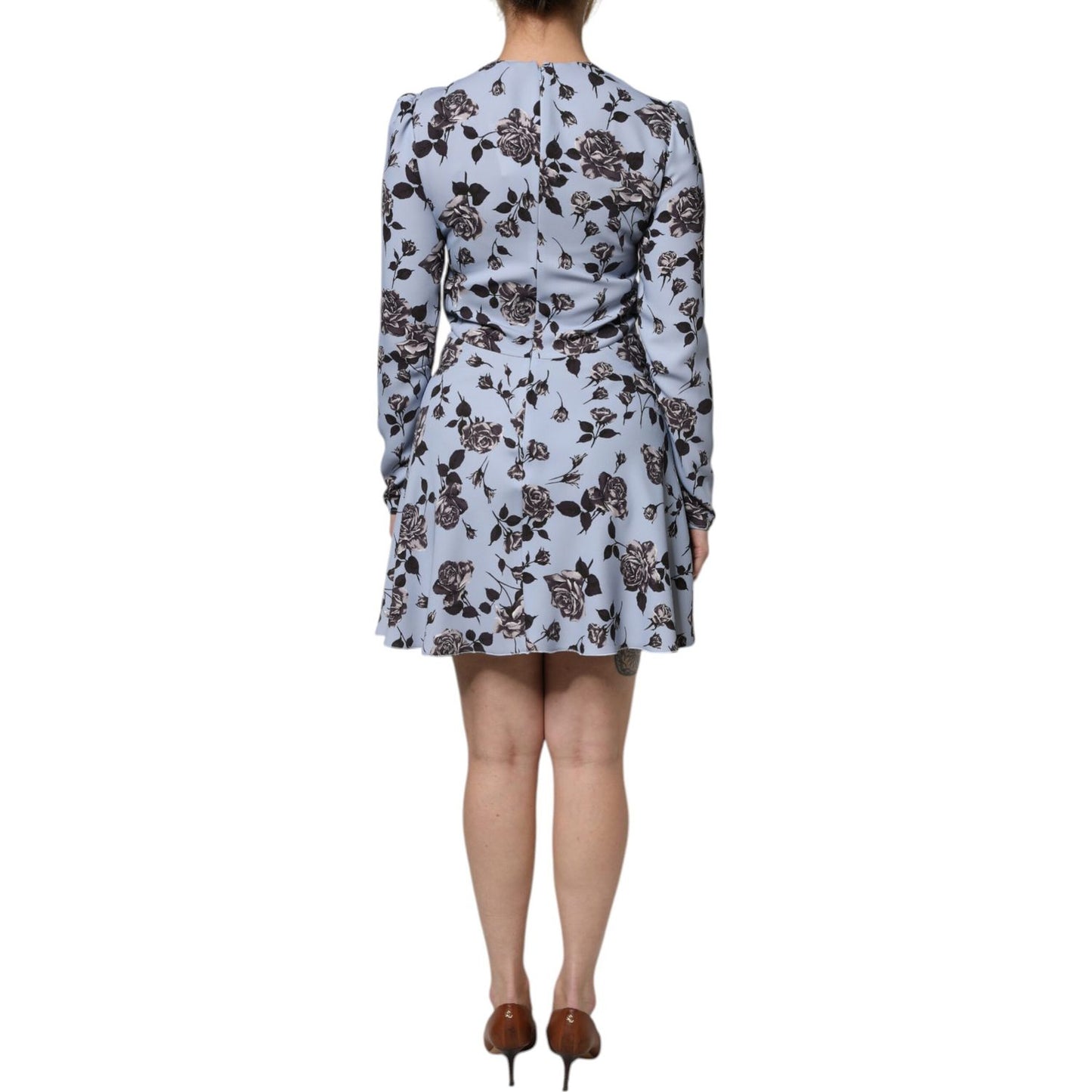 Valentino Light Blue Floral Long Sleeves A-line Mini Dress Valentino
