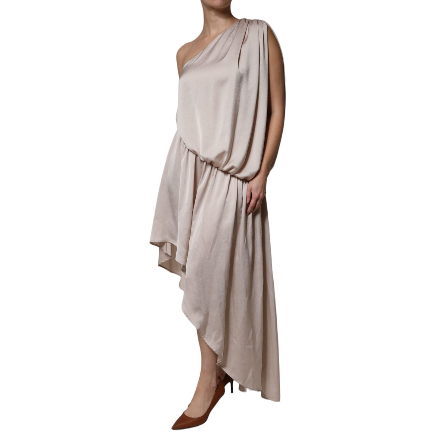 Christian Pellizzari Beige One Shoulder Asymmetric Drape Dress