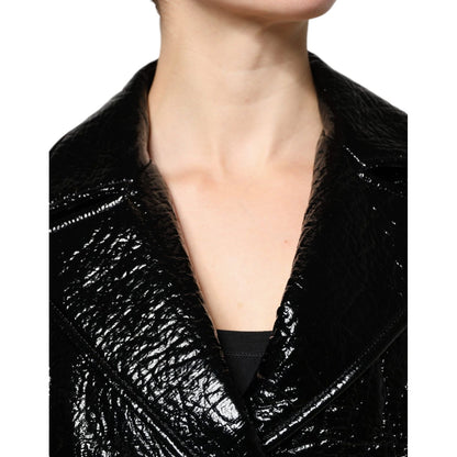 Dolce & Gabbana Black Leather Cropped Long Sleeve Coat Jacket