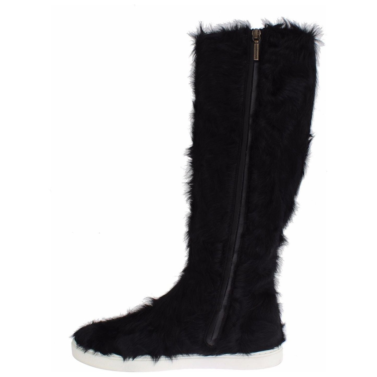 Dolce & Gabbana Elegant Black Fur Leather Flat Sneaker Boots Dolce & Gabbana