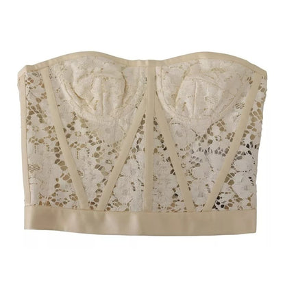 Dolce & Gabbana White Strapless Floral Lace Cropped Bustier Top