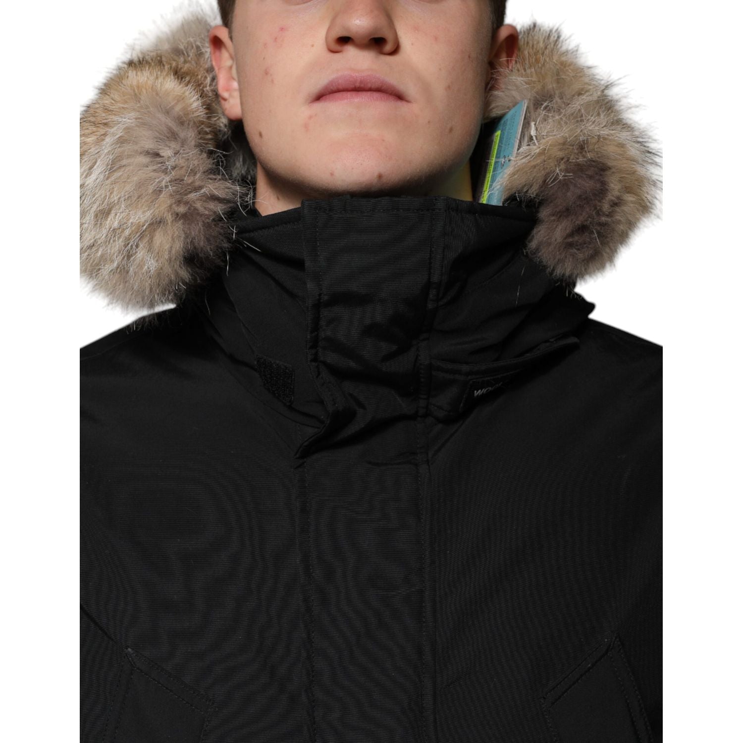 Woolrich Black Hooded Long Sleeves Fur Shearling Coat Jacket