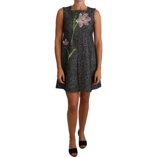 Dolce & Gabbana Houndstooth Floral Appliqué Shift Dress Dolce & Gabbana