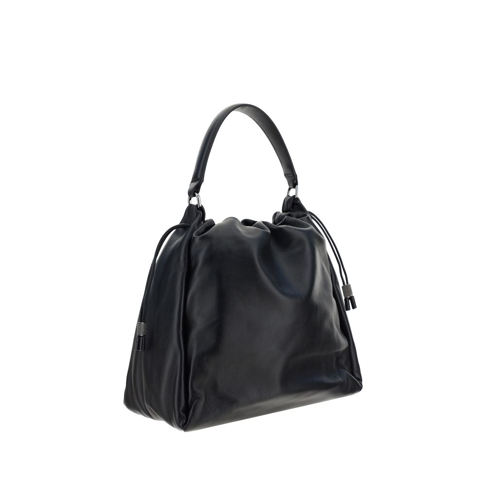 Brunello Cucinelli Black Calf Leather Bos Taurus Shoulder Bag