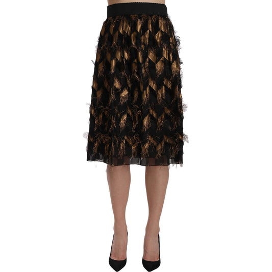 Dolce & Gabbana Black Gold Fringe Metallic Pencil A-line Skirt 1728,67345645728,Clothing,Dolce & Gabbana,Gold Black,IT44|L,Material: 65% Silk 24% Acetate 11% Polyester,Midi - Skirts - Clothing,New with tags,Skirts - Clothing,Skirts - Women - Clothing,Wome