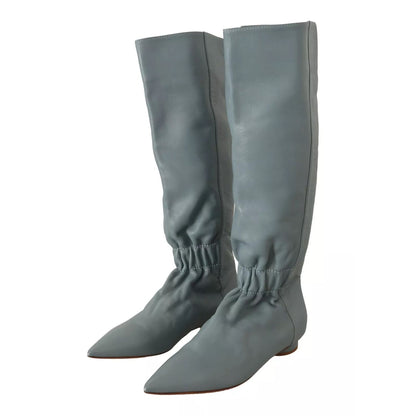 Valentino Blue Leather Elastic Flats Pull On Knee High Boots Shoes Valentino