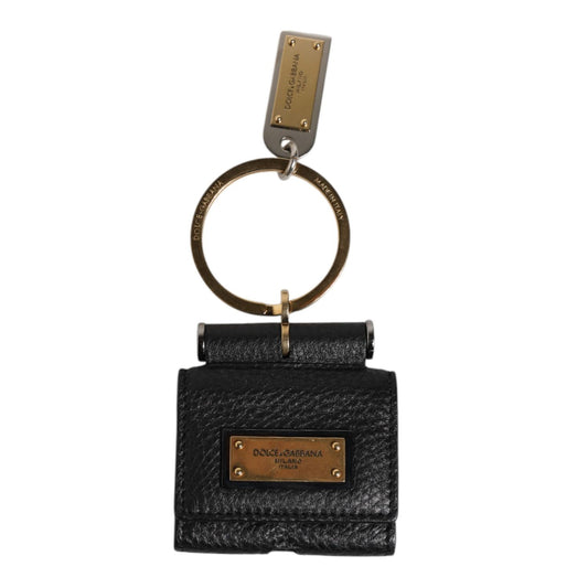 Dolce & Gabbana Black Leather Strap Gold Metal Logo Plaque Airpods Case