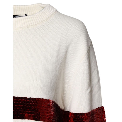 Dolce & Gabbana White Sequined Crew Neck Pullover Sweater