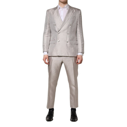 Dolce & Gabbana Light Gray Jacquard Silk Dotted 2 Piece Suit