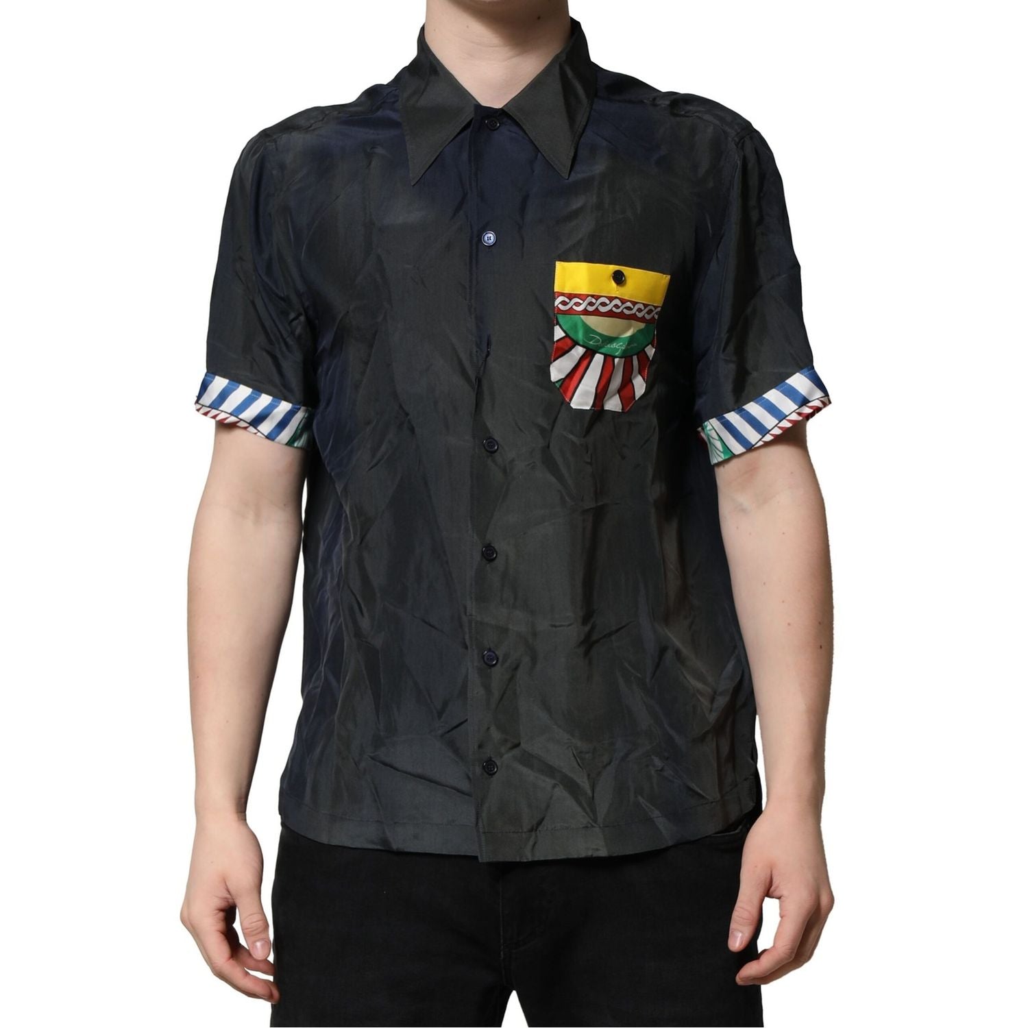 Dolce & Gabbana Black Silk Short Sleeves Men Casual Shirt