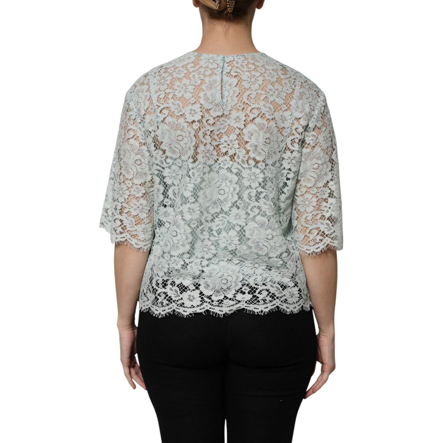 Dolce & Gabbana Mint Green Floral Lace Cotton Blouse Top