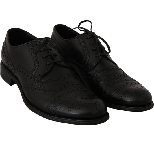 Dolce & Gabbana Elegant Black Leather Derby Wingtip Dress Shoes Dress Shoes Dolce & Gabbana