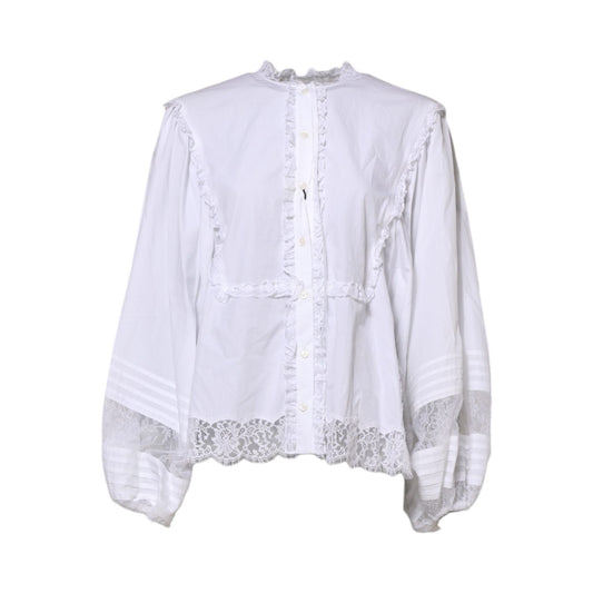 Dolce & Gabbana White Ruffled Lace Embellished Blouse Top 1728,67345645728,Blouses - Shirts - Clothing,Clothing,Dolce & Gabbana,IT36|XXS,Material: 76% Cotton 14% Nylon 7% Polyester 3% Viscose,Preowned / Defect,Shirts - Clothing,Tops & T-Shirts - Women - C